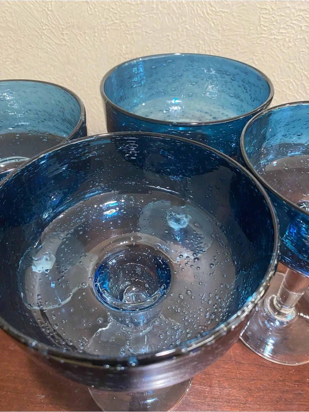 Set of 4, Artisan Hand blown Mexican Margarita Glasses, Cobalt Blue Bowl